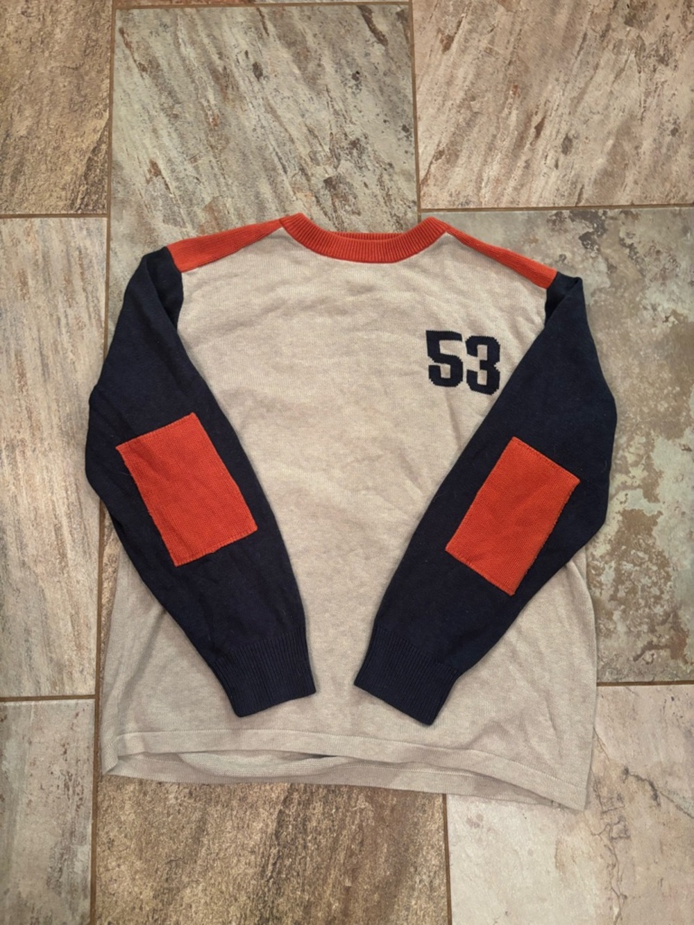 Levi's Cream Crewneck Sweater with Navy Sleeves and Orange Accents
